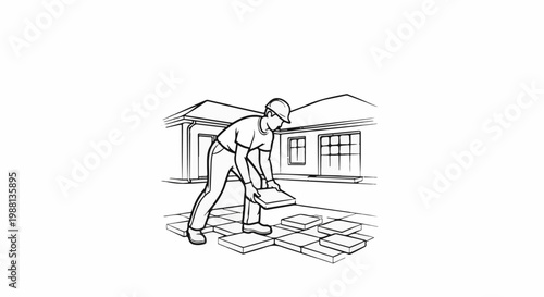 Construction worker laying tiles in front of a house