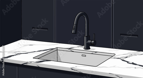 Minimalist kitchen sink with modern faucet on marbled countertop
