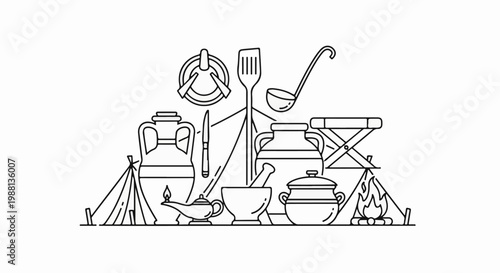 Diverse historical cooking and camping items arranged in a line