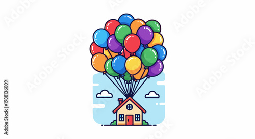 House lifted by colorful balloons against a cloudy sky