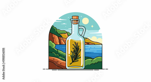 Glass bottle with rosemary-infused oil against a coastal landscape backdrop