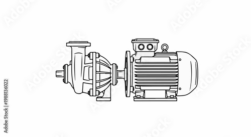 Detailed line drawing of a centrifugal pump connected to an electric motor