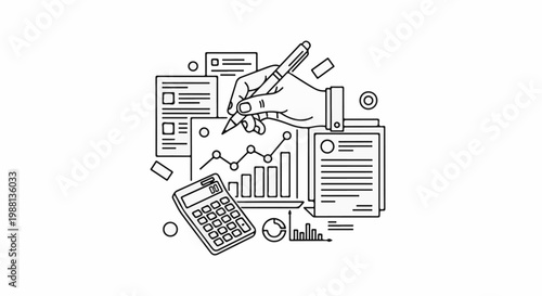 Hand writing on documents with calculator and charts