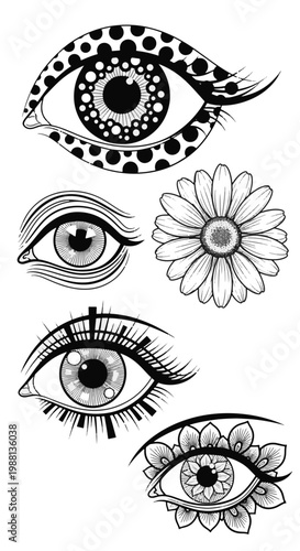 Abstract Eyes and Flower Illustration in Black and White