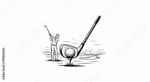 Golfer swings at sunrise, club and ball prominent on tee