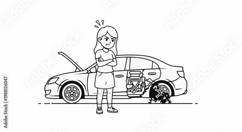 Frustrated woman stands by broken-down car with open hood and damaged wheel