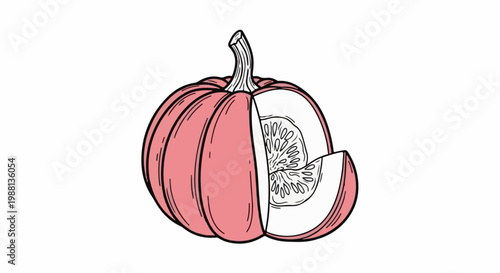 Pink pumpkin with a slice removed, showing seeds and flesh