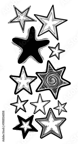 Black and White Hand Drawn Stars with Unique Patterns and Textures