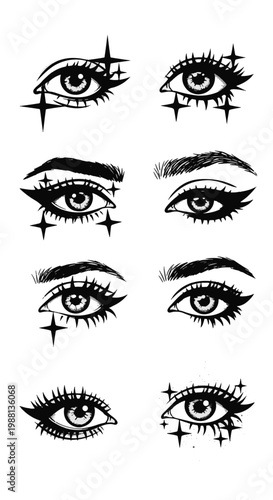 Black Ink Graphic Illustration of Stylized Eyes with Dramatic Makeup and Stars