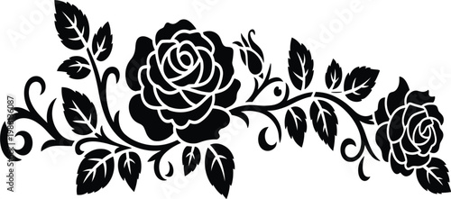 Black rose flower vine silhouette with leaves and buds for romantic wedding decor and floral border vector