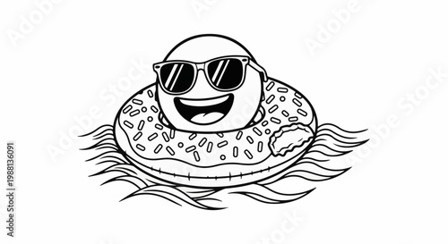 Cheerful donut wearing sunglasses floats on stylized waves