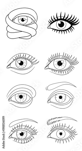 Black Outline Art of Diverse Human Eyes with Stylized Lashes