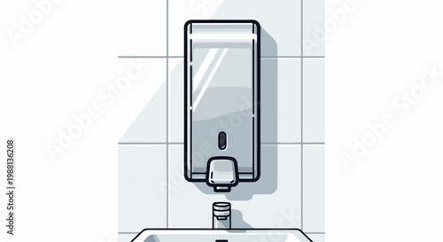 A wall-mounted dispenser above a sink, illustrated in grayscale