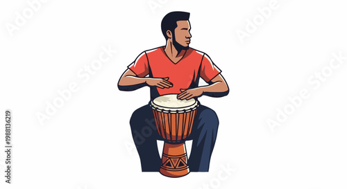Man playing a djembe drum with enthusiasm and focus