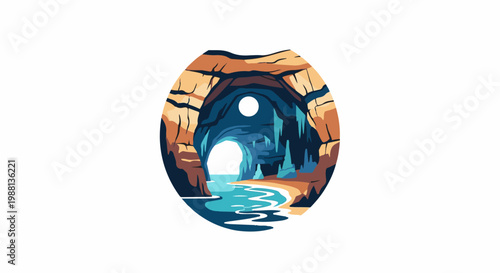 Coastal cave entrance opens to illuminated sea and sandy beach