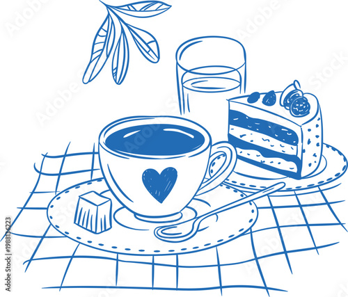 Hand drawn coffee and cake illustration set with heart latte art and berry cheesecake for cafe menu and breakfast vector