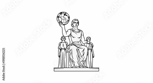 Majestic figure seated with globe, flanked by two smaller figures