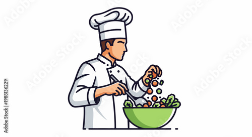 Chef preparing a fresh salad in a green bowl with a spoon and ingredients