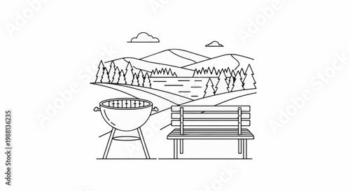 Outdoor picnic scene with grill, bench, lake, trees, and mountains