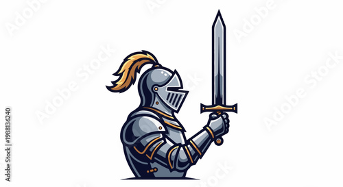 Knight in gleaming armor holding a sword, ready for battle