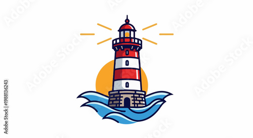 A stylized lighthouse stands tall, emitting beams of light over blue waves