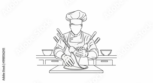 Chef in uniform preparing food with knives, bowls, and kitchen counter