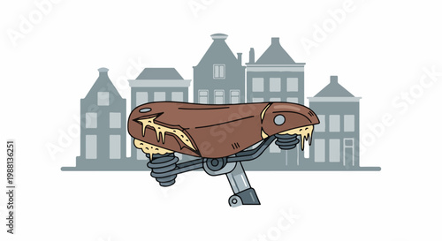 Cartoon bike seat with melted cheese and buildings in background