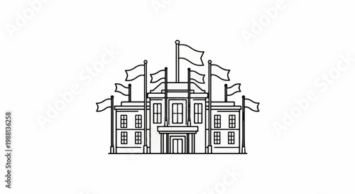 A stylized black and white drawing of a formal building with flags