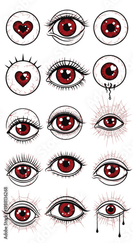 Creepy Red Eyeball Illustrations with Heart Pupils and Spiderwebs