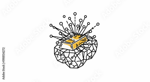 A stylized golden bar labeled "GOLD" rests atop a geometric rock formation