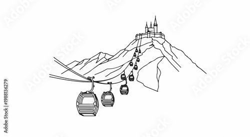 Cable cars ascend a majestic mountain towards a fairytale castle