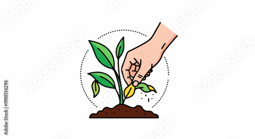 Hand tending to a small plant growing from the soil, with a dotted circle