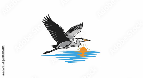 Elegant heron glides over tranquil water at sunset