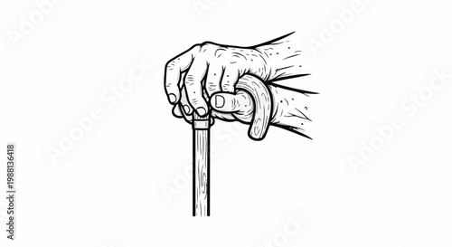 A weathered hand grips the wooden handle of a walking stick