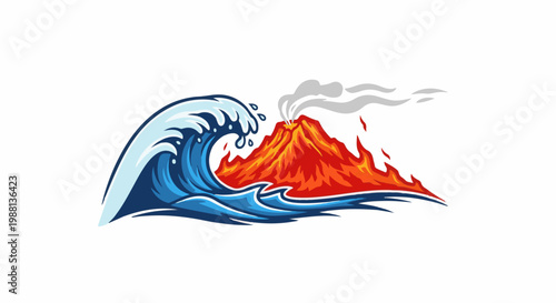 A wave crashes against a fiery volcano spewing smoke