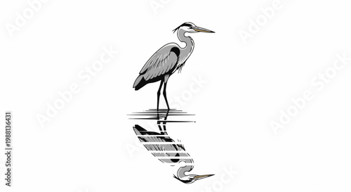 Stylized heron reflected in water