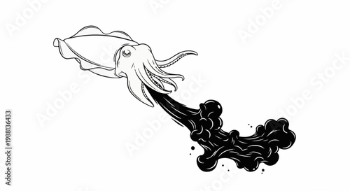 A cephalopod with many tentacles expelling a dark cloud of ink