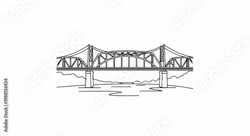 A striking line art drawing of a complex steel truss bridge spanning a body of water