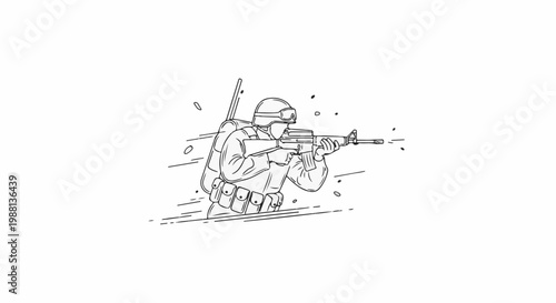 A soldier in protective gear aims a rifle with a backpack and ammo pouches