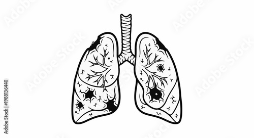 Stylized human lungs with dark, starburst-like cells and branching vessels