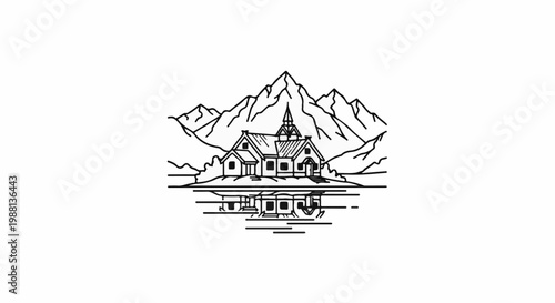 Stylized illustration of a house with a steeple, reflected in water, set against mountains