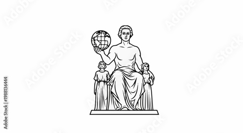 A seated figure holds a globe, flanked by two smaller figures, in a stylized depiction