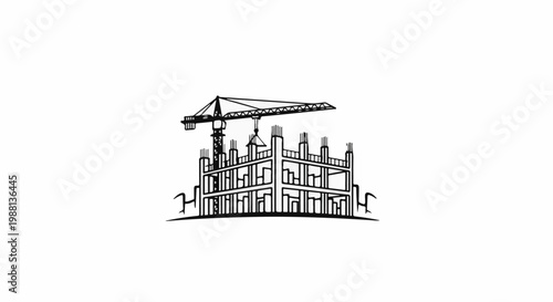 Stylized illustration of a crane and building construction in progress