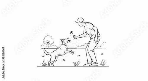 A person plays fetch with a dog in a grassy park with trees and bushes