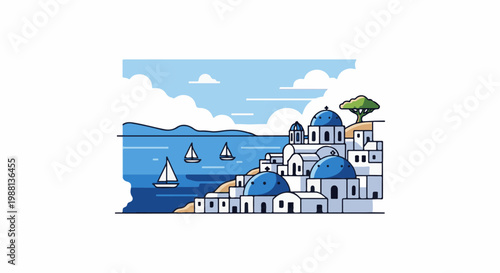 Coastal village with blue-domed buildings and sailboats on the sea