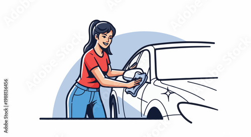 Cartoon woman in red shirt and blue jeans polishing a car with a cloth