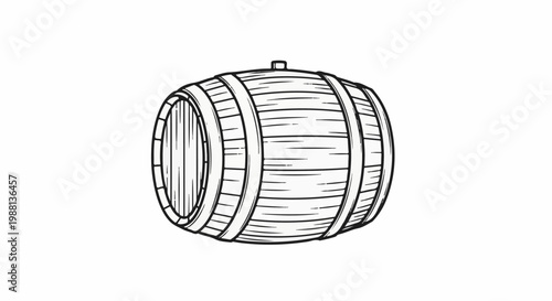 A simple black and white illustration of a wooden barrel with metal bands