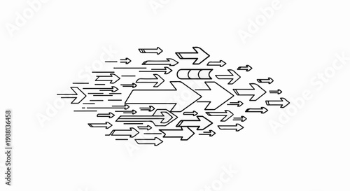 A multitude of stylized arrows pointing in various directions create a dynamic flow