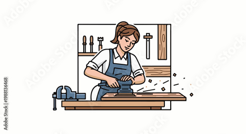 Cartoon of a woman sanding wood at a workbench