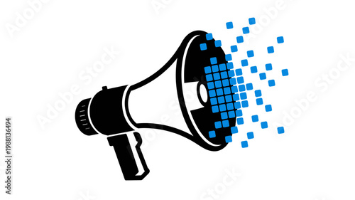 Bold megaphone icon with scattered pixel stream - for content broadcast design